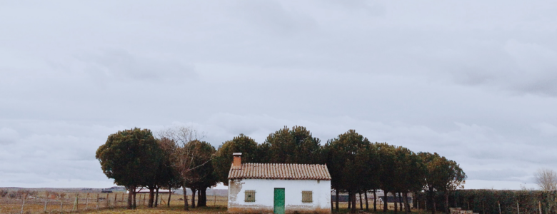 a house in a rural area on farm land, the grass is brown and bare, large gray sky